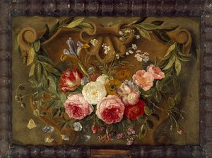 Composição decorativa de vida-morta com uma guirlanda de flores (óleo sobre cobre)